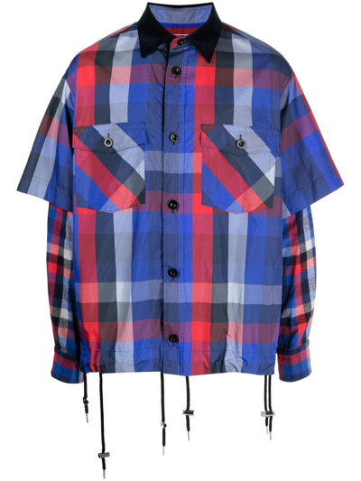 Sacai Checked Double-sleeve Shirt In Blue
