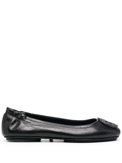 Tory Burch Logo-plaque Leather Ballerinas In Black