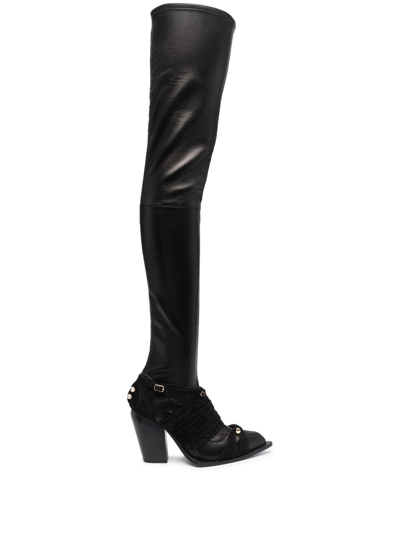 Hardot Fringed-panel Thigh Boots In Black