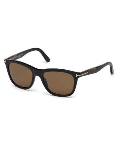 Tom Ford Andrew Square Shiny Acetate Polarized Sunglasses, Black In Black/brown