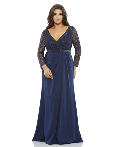 Mac Duggal Navy Lace Illusion Long Sleeve V-neck Draped Gown (plus) In Midnight