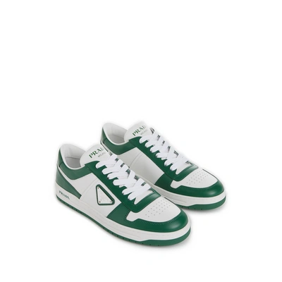 Prada Downtown Low-top Leather Sneakers In White Green