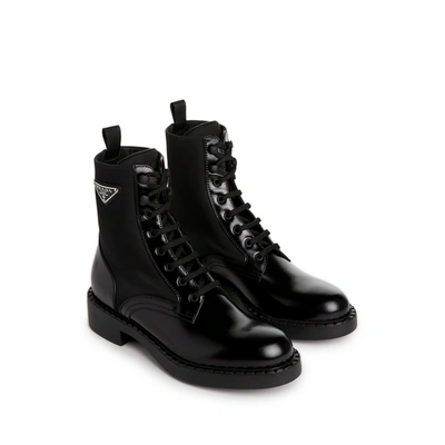 Prada Brushed Leather And Re-nylon Combat Boots In Nero