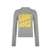Ganni Brand-print Ribbed-trim Recycled Wool Jumper In Grey