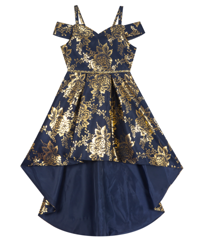 Rare Editions Kids' Big Girls Foil Floral Mikado Cold Shoulder Hi-low Dress  In Navy | ModeSens