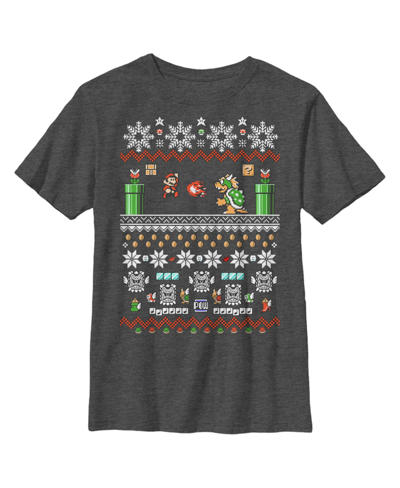 Nintendo Kids' Boy's  Mario And Bowser Ugly Christmas Sweater Child T-shirt In Charcoal Heather