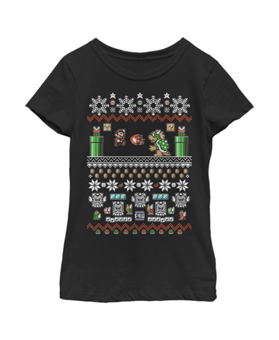 Nintendo Kids' Girl's  Mario And Bowser Ugly Christmas Sweater Child T-shirt In Black
