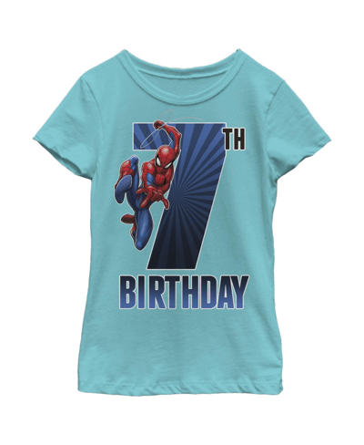 Marvel Kids' Girl's  Spider-man Swinging 7th Birthday Child T-shirt In Tahiti Blue