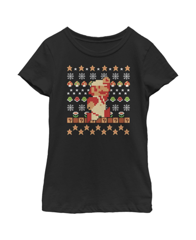 Nintendo Kids' Girl's  Ugly Christmas Super Mario Pixel Child T-shirt In Black