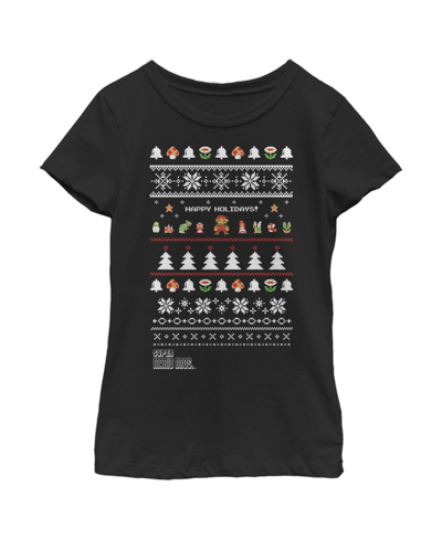 Nintendo Kids' Girl's  Ugly Christmas Super Mario Happy Holidays Child T-shirt In Black