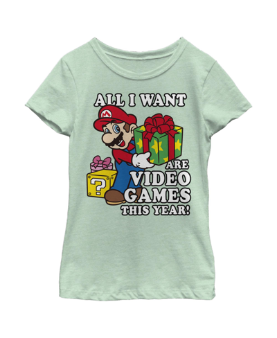 Nintendo Kids' Girl's  Christmas Mario All I Want Are Video Games Child T-shirt In Mint