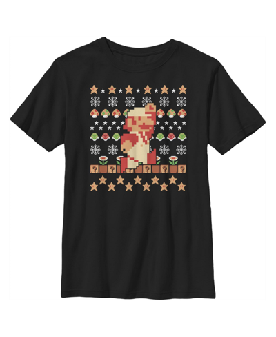 Nintendo Kids' Boy's  Ugly Christmas Super Mario Pixel Child T-shirt In Black