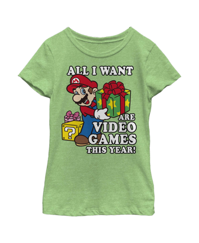 Nintendo Kids' Girl's  Christmas Mario All I Want Are Video Games Child T-shirt In Green Apple