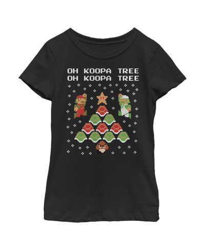 Nintendo Kids' Girl's  Christmas Mario Bros. Koopa Tree Child T-shirt In Black