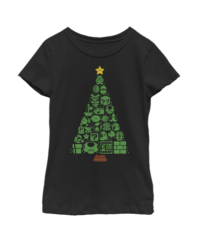 Nintendo Kids' Girl's  Christmas Tree Mosaic Child T-shirt In Black