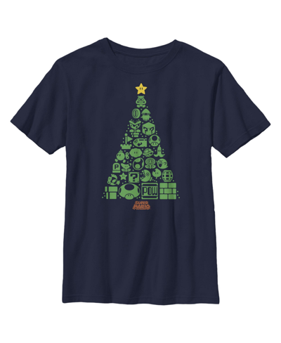 Nintendo Kids' Boy's  Christmas Tree Mosaic Child T-shirt In Navy Blue