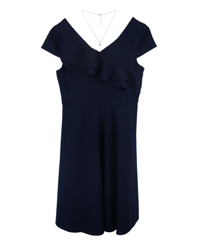 Emerald Sundae Big Girls Ruffle Front Cap Sleeve Dress With Necklace In Navy