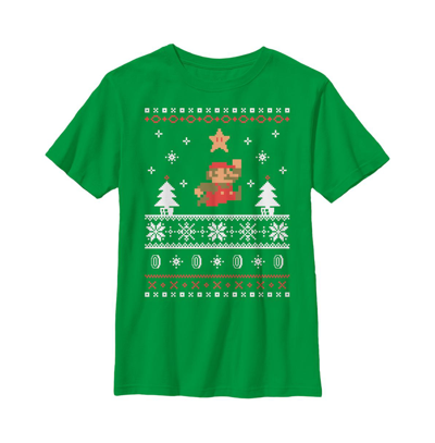 Nintendo Kids' Boy's  Ugly Christmas Mario Jump Star Child T-shirt In Kelly Green