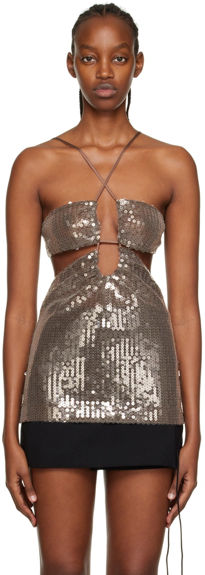 Nensi Dojaka V-neck Sequin-embellished Woven Top In Brown