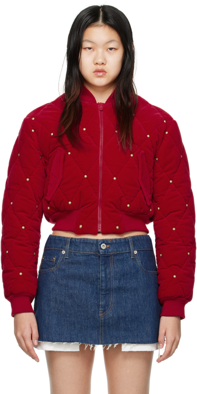 Moschino Studded Cropped Bomber Jacket In Red