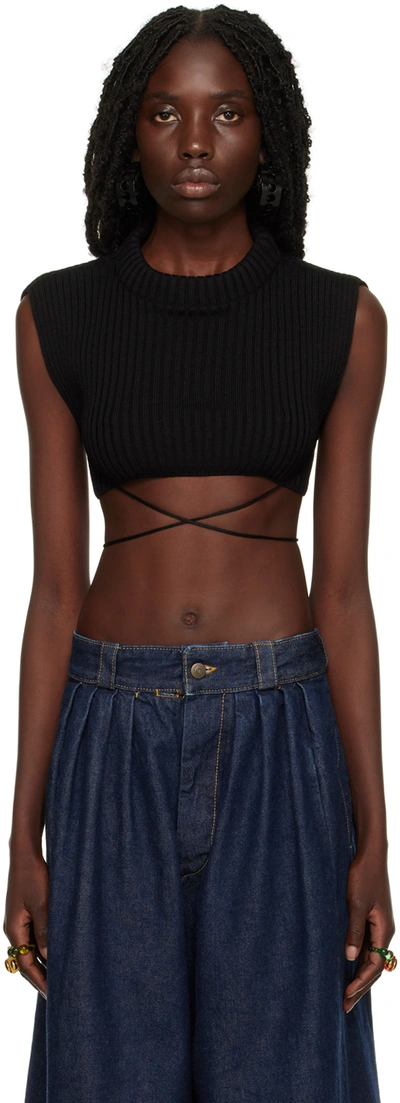 Jean Paul Gaultier Black Tied Crop Tank Top In 00-black