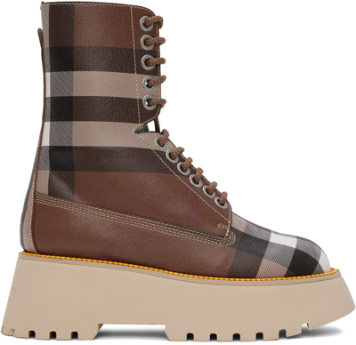 Burberry Platform Check Lace-up Ankle Boots In Brown