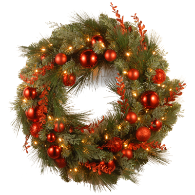 National Tree Company 24in Decorative Red Mixed Wreath With Battery Operated Warm White Led Lights In Green