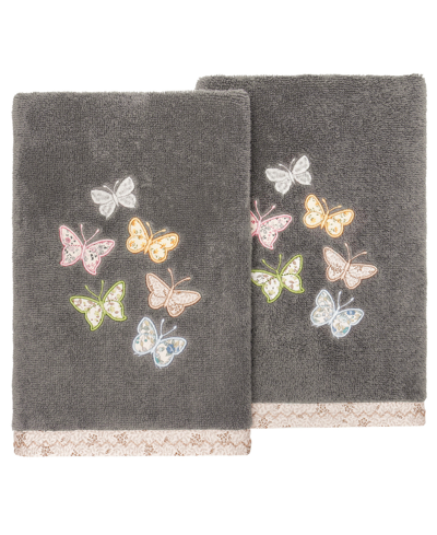 Linum Home Turkish Cotton Mariposa Embellished 2-pc. Hand Towel Set In Charcoal