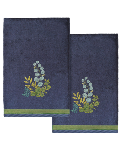 Linum Home Textiles Turkish Cotton Botanica Embellished Bath Towel Set, 2 Piece In Marine