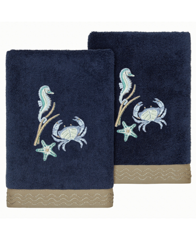 Linum Home Turkish Cotton Aaron Embellished 2-pc. Hand Towel Set In Marine