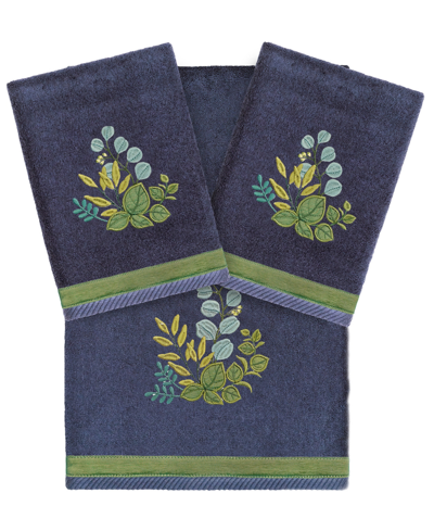 Linum Home Textiles Turkish Cotton Botanica Embellished Towel Set, 3 Piece Bedding In Marine