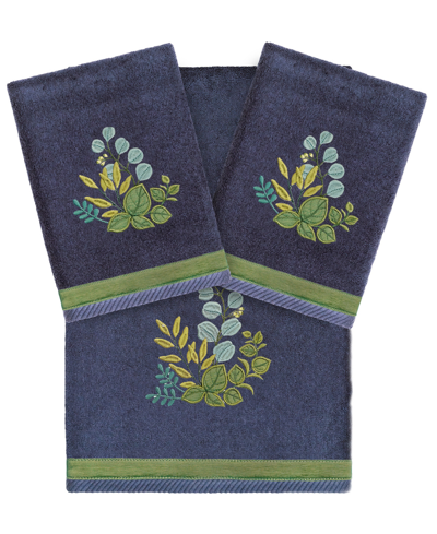 Linum Home Textiles Turkish Cotton Botanica Embellished Towel Set, 3 Piece In Marine