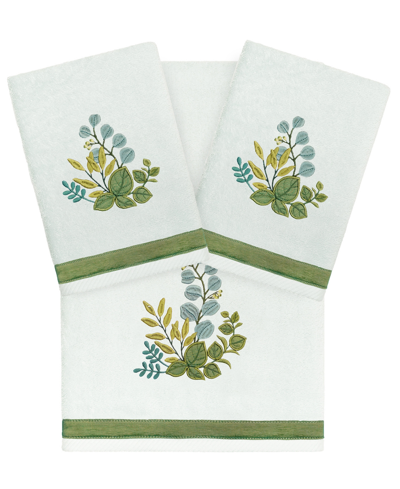 Linum Home Textiles Turkish Cotton Botanica Embellished Towel Set, 3 Piece In Aqua