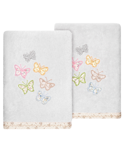 Linum Home Textiles Turkish Cotton Mariposa Embellished Hand Towel Set, 2 Piece In Silver