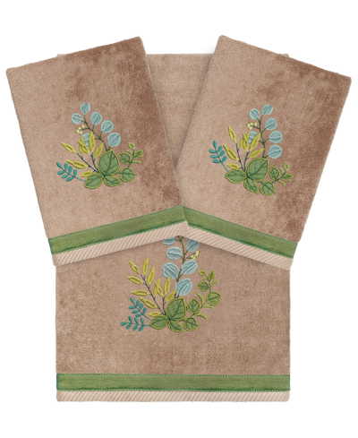 Linum Home Textiles Turkish Cotton Botanica Embellished Towel Set, 3 Piece Bedding In Cocoa