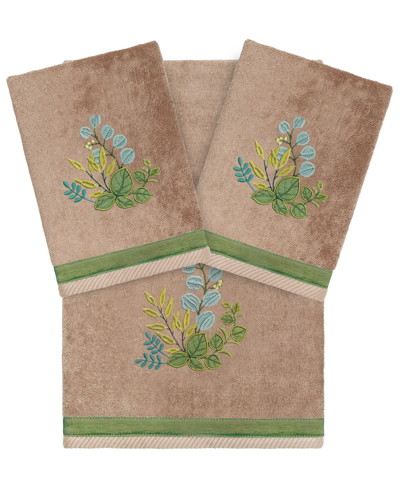 Linum Home Textiles Turkish Cotton Botanica Embellished Towel Set, 3 Piece In Cocoa