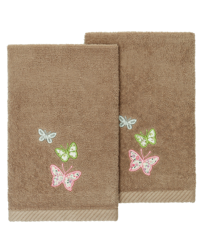 Linum Home Textiles Turkish Cotton Mariposa Embellished Fingertip Towel Set, 2 Piece In Cocoa