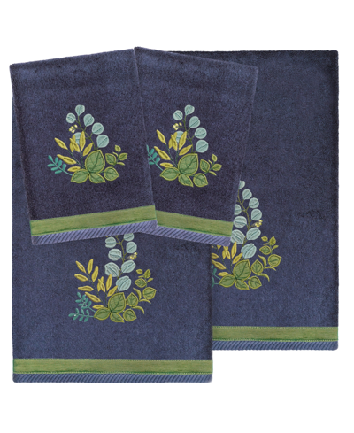Linum Home Textiles Turkish Cotton Botanica Embellished Towel Set, 4 Piece In Marine