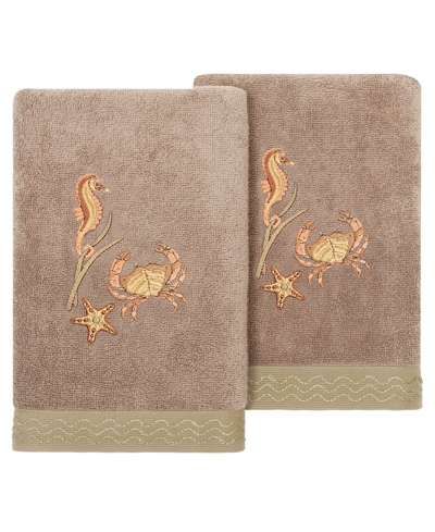 Linum Home Textiles Turkish Cotton Aaron Embellished Hand Towel Set, 2 Piece Bedding In Cocoa