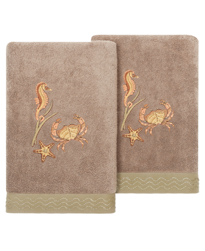 Linum Home Textiles Turkish Cotton Aaron Embellished Hand Towel Set, 2 Piece In Cocoa