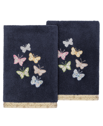 Linum Home Textiles Turkish Cotton Mariposa Embellished Hand Towel Set, 2 Piece In Marine
