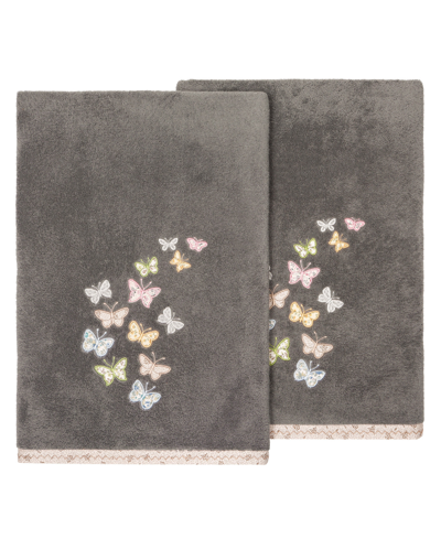 Linum Home Textiles Turkish Cotton Mariposa Embellished Bath Towel Set, 2 Piece In Charcoal