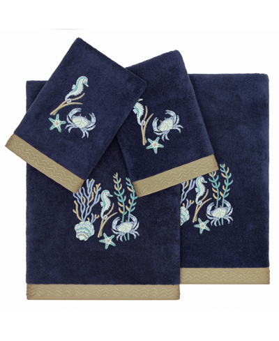 Linum Home Textiles Turkish Cotton Aaron Embellished Towel Set, 4 Piece In Marine
