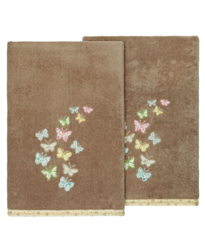 Linum Home Textiles Turkish Cotton Mariposa Embellished Bath Towel Set, 2 Piece In Cocoa