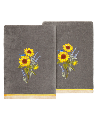 Linum Home Textiles Turkish Cotton Girasol Embellished Bath Towel Set, 2 Piece In Charcoal