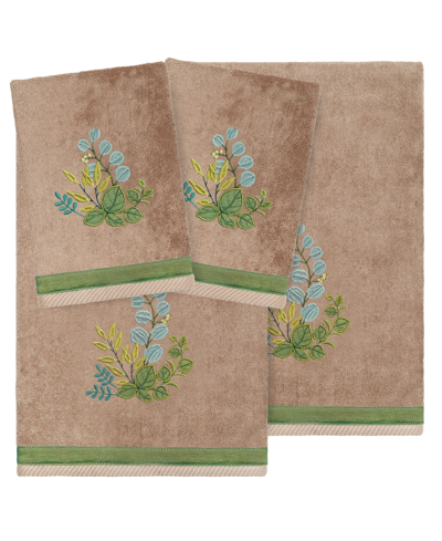 Linum Home Textiles Turkish Cotton Botanica Embellished Towel Set, 4 Piece In Cocoa