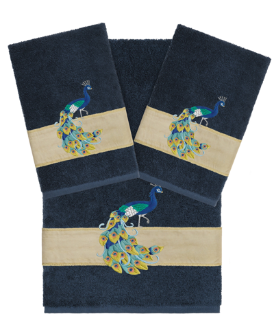 Linum Home Textiles Turkish Cotton Penelope Embellished Towel Set, 3 Piece In Navy