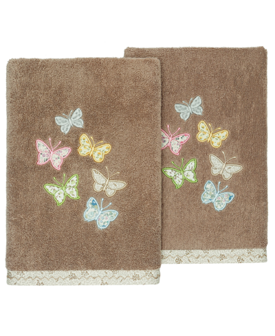 Linum Home Turkish Cotton Mariposa Embellished 2-pc. Hand Towel Set In Cocoa