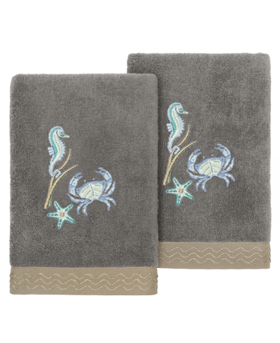 Linum Home Textiles Turkish Cotton Aaron Embellished Hand Towel Set, 2 Piece In Charcoal