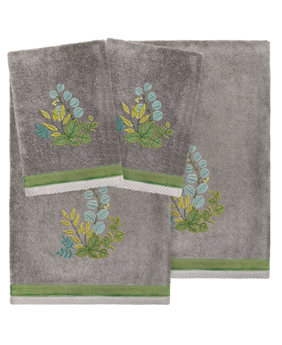 Linum Home Textiles Turkish Cotton Botanica Embellished Towel Set, 4 Piece In Charcoal